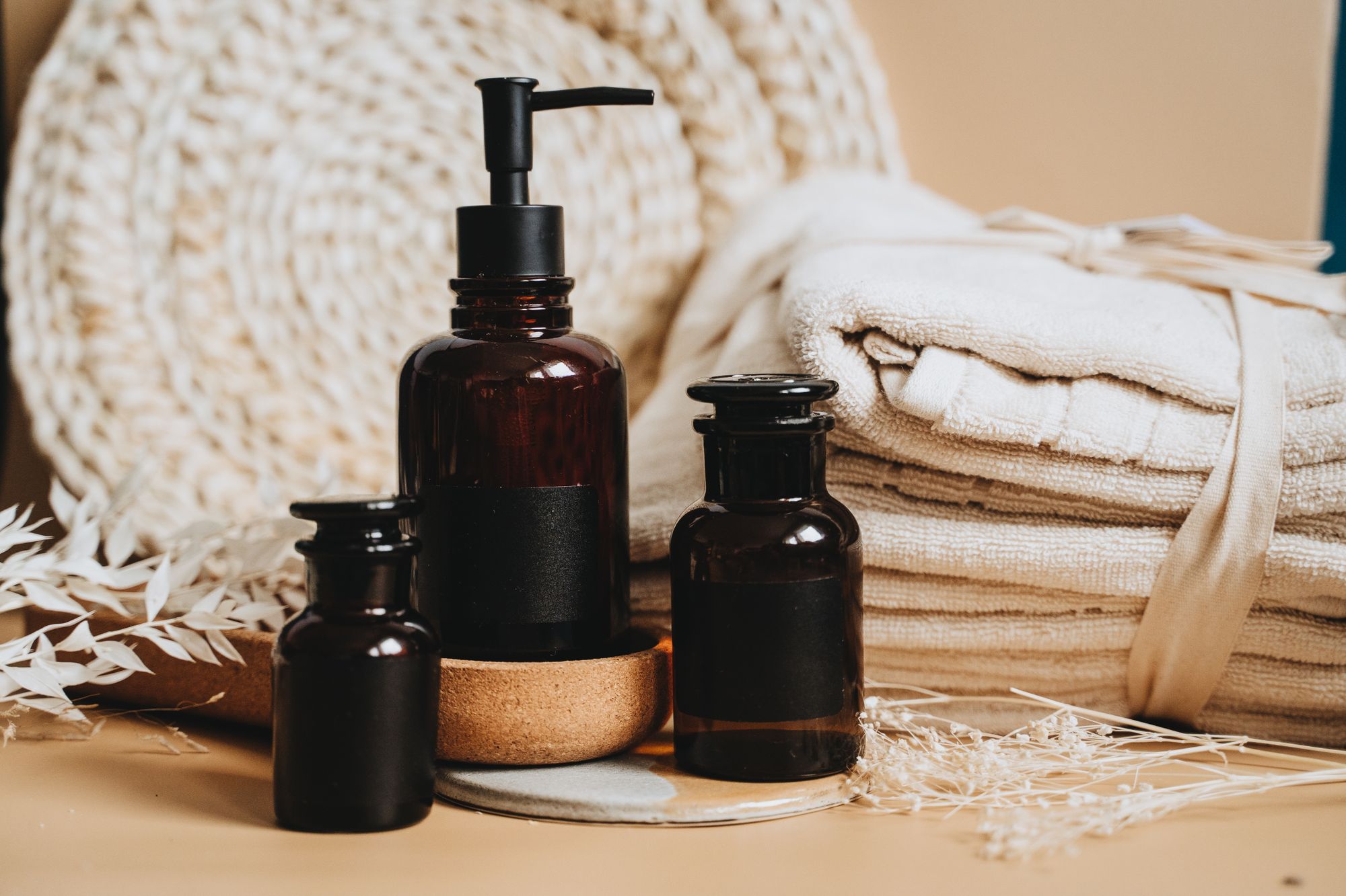 Spa products and freshly folded towels